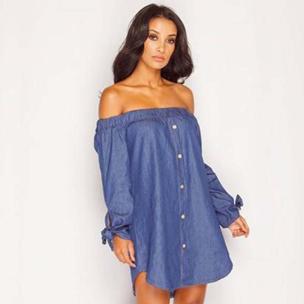 VINTAGE OFF THE SHOULDER BOHO MINI DRESS (INDIGO)